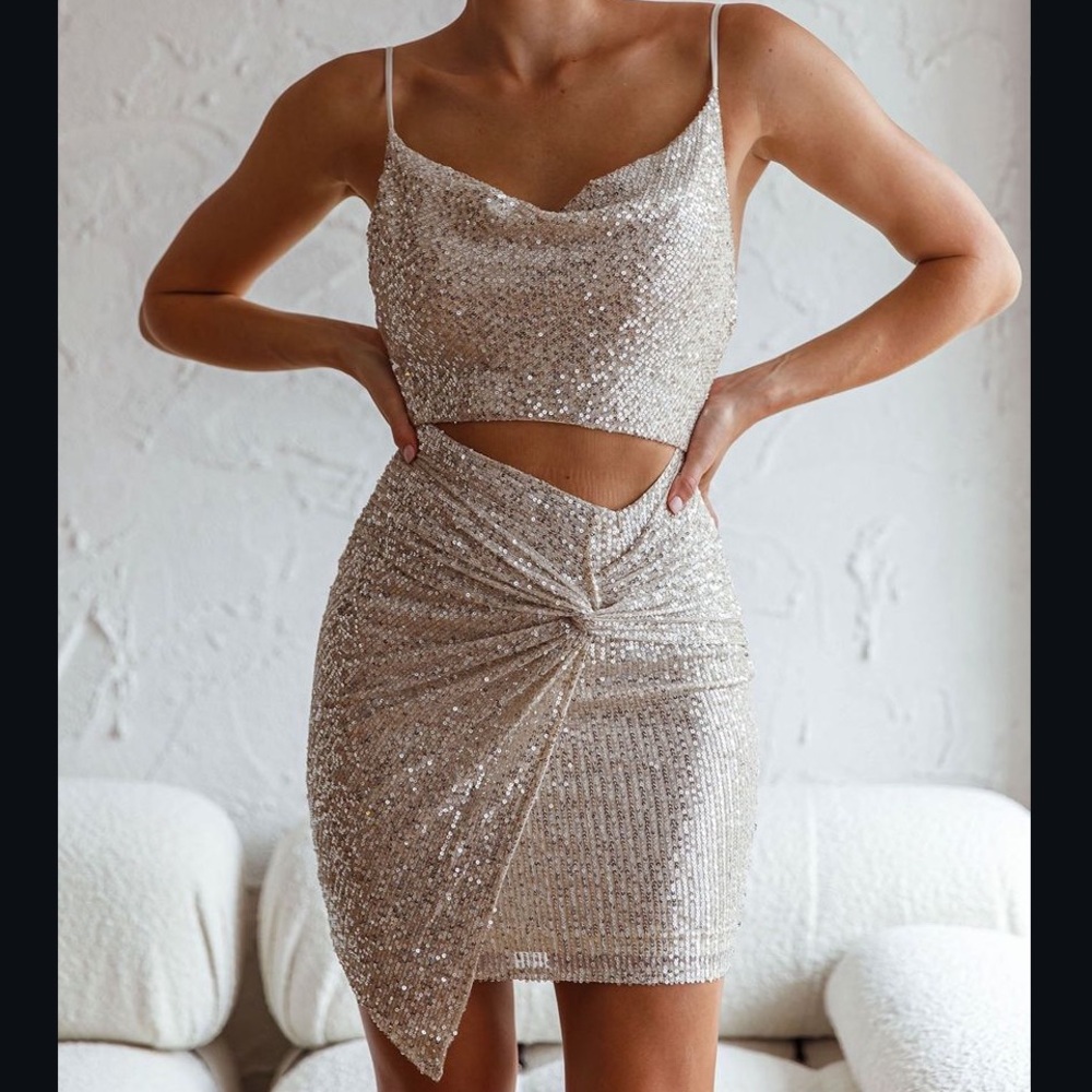 Selfie Leslie Champagne Sequin Two-Piece Mini Dress